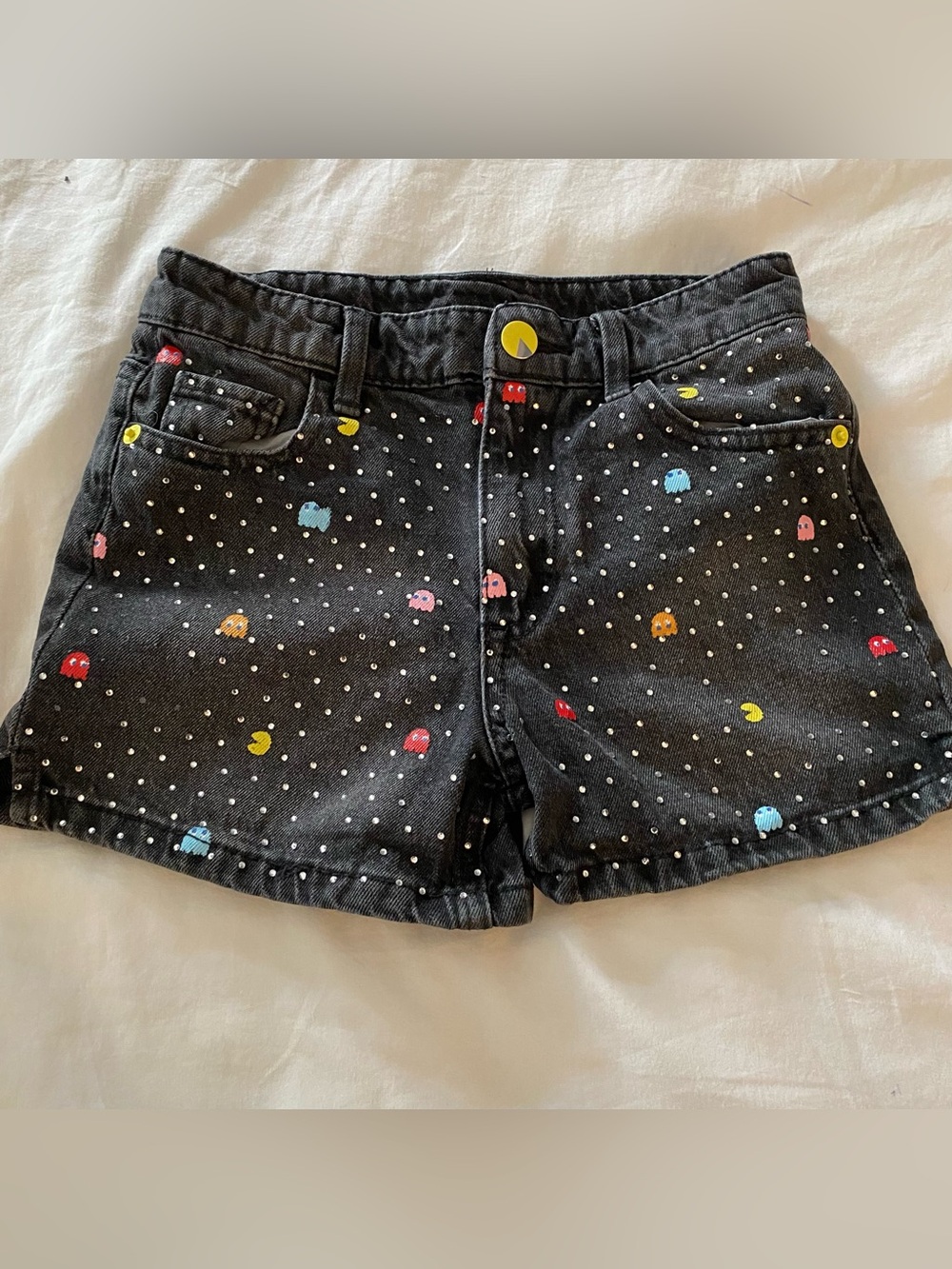 Justice X Pac-Man Shorts Girls 8 Black Denim 3” Summer 80s Retro Gaming Colorful
